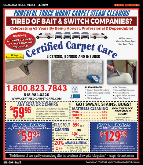 Certified Carpet Care, Granada Hills, coupons, direct mail, discounts, marketing, Southern California