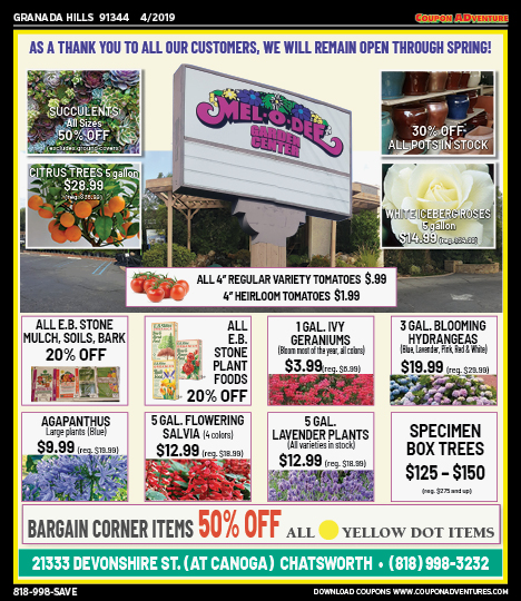 Mel-o-Dee Garden Center, Granada Hills, coupons, direct mail, discounts, marketing, Southern California