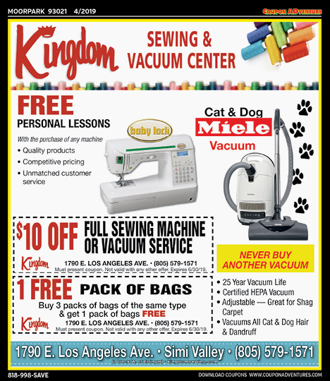 Kingdom Sewing & Vacuum Center, Moorpark, coupons, direct mail, discounts, marketing, Southern California