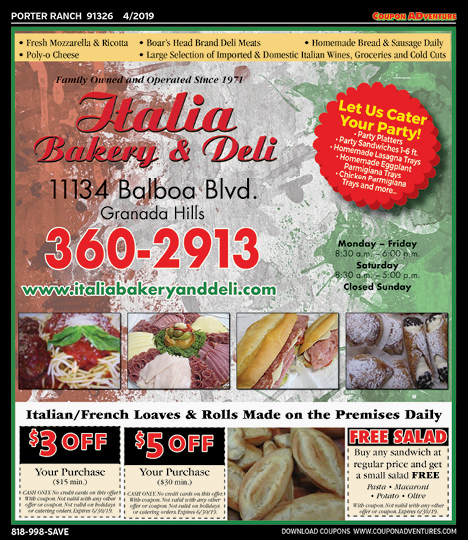 Italia Bakery & Deli, Moorpark, coupons, direct mail, discounts, marketing, Southern California