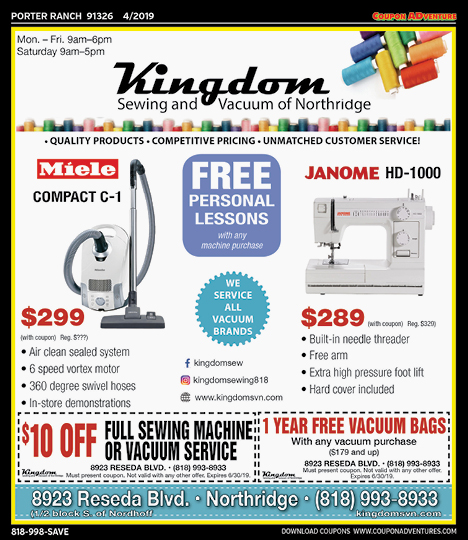 Kingdom Sewing & Vacuum Center, Moorpark, coupons, direct mail, discounts, marketing, Southern California