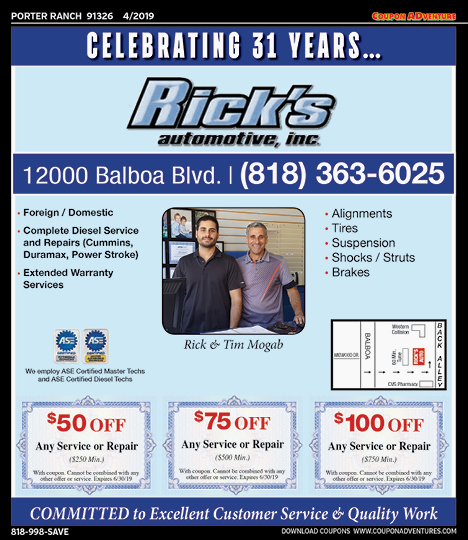 Rick's Automotive Inc., Moorpark, coupons, direct mail, discounts, marketing, Southern California