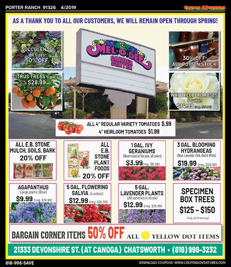 Mel-o-Dee Garden Center, Moorpark, coupons, direct mail, discounts, marketing, Southern California