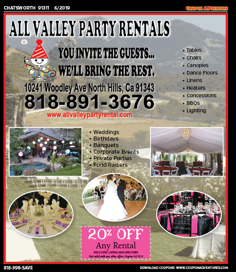 All Valley Party Rentals, Chatsworth, coupons, direct mail, discounts, marketing, Southern California