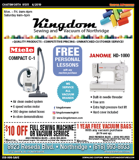 Kingdom Sewing & Vacuum Center, Chatsworth, coupons, direct mail, discounts, marketing, Southern California