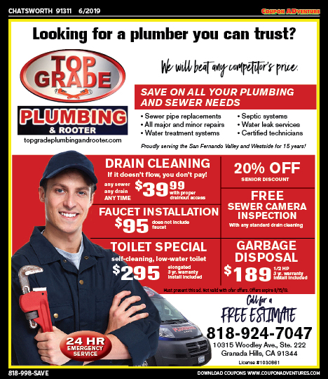 Top Grade Plumbing & Rooter, Chatsworth, coupons, direct mail, discounts, marketing, Southern California