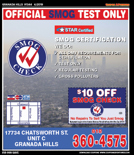 Official Smog Test Only, Granada Hills, coupons, direct mail, discounts, marketing, Southern California