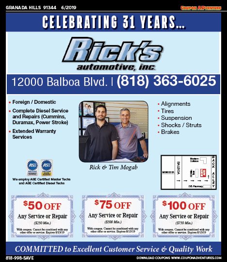Rick's Automotive, Granada Hills, coupons, direct mail, discounts, marketing, Southern California