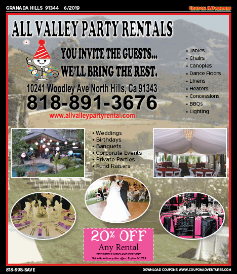 All Valley Party Rentals, Granada Hills, coupons, direct mail, discounts, marketing, Southern California