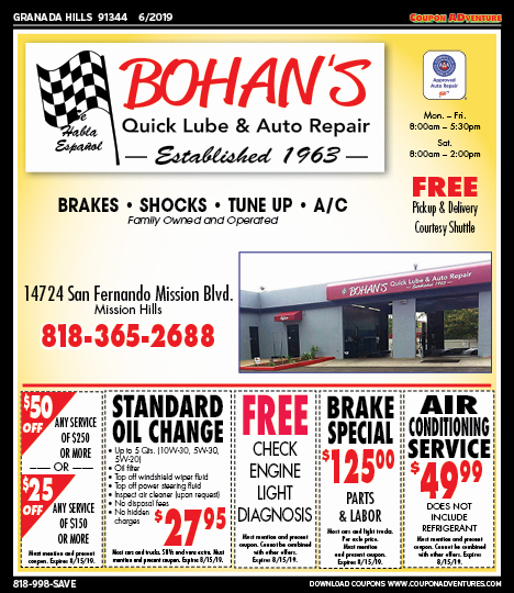 Bohan's Quick Lube & Auto Repair, Granada Hills, coupons, direct mail, discounts, marketing, Southern California