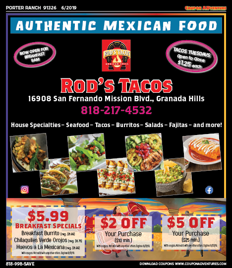 Rod's Tacos, Porter Ranch, coupons, direct mail, discounts, marketing, Southern California