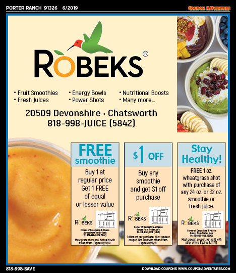 Robeks, Porter Ranch, coupons, direct mail, discounts, marketing, Southern California