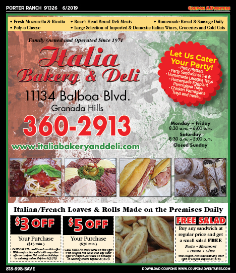 Italia Bakery & Deli, Porter Ranch, coupons, direct mail, discounts, marketing, Southern California