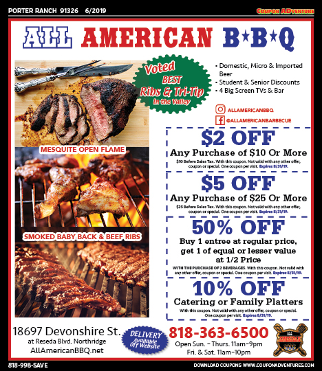 All American BBQ, Porter Ranch, coupons, direct mail, discounts, marketing, Southern California