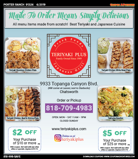 Teriyaki Plus, Porter Ranch, coupons, direct mail, discounts, marketing, Southern California