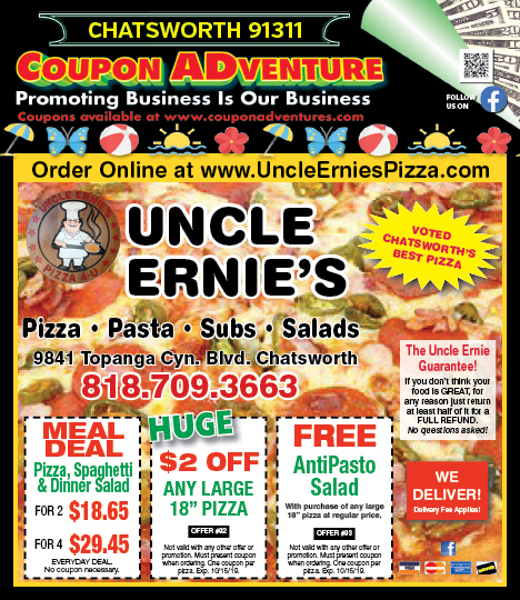 Uncle Ernie's Pizza, Porter Ranch, coupons, direct mail, discounts, marketing, Southern California