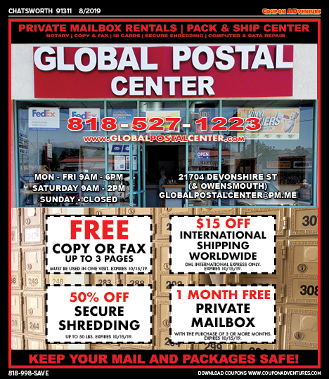Global Postal Center, Porter Ranch, coupons, direct mail, discounts, marketing, Southern California