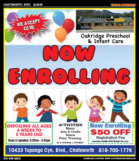 Oakridge Preschool & Infant Care, Porter Ranch, coupons, direct mail, discounts, marketing, Southern California