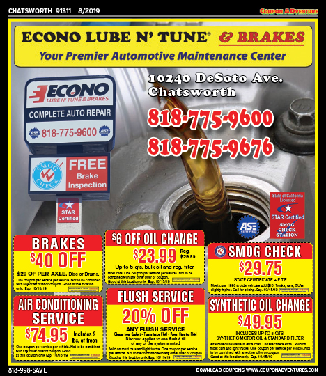 Econo Lube n' Tube & Brakes, Porter Ranch, coupons, direct mail, discounts, marketing, Southern California