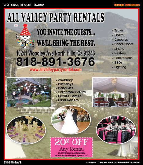All Valley Party Rentals, Porter Ranch, coupons, direct mail, discounts, marketing, Southern California