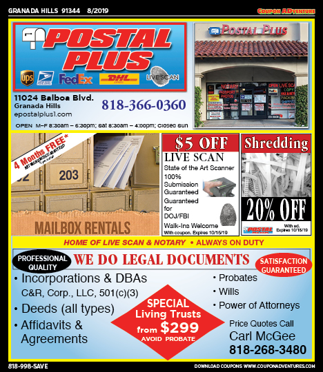 Postal Plus, Porter Ranch, coupons, direct mail, discounts, marketing, Southern California