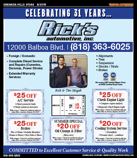 Rick's Automotive, Porter Ranch, coupons, direct mail, discounts, marketing, Southern California