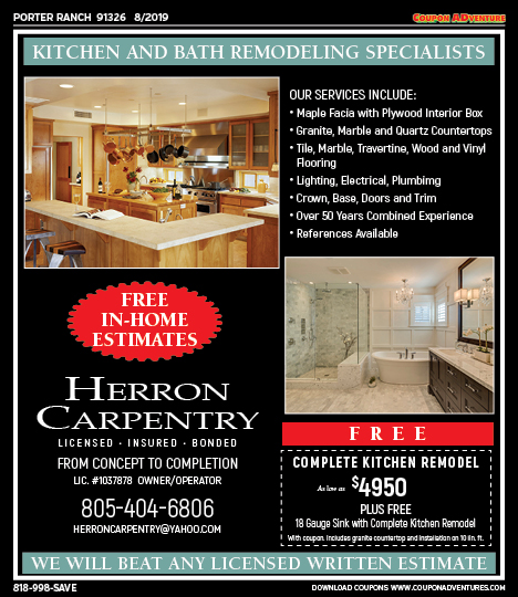 Herron Carpentry, Porter Ranch, coupons, direct mail, discounts, marketing, Southern California
