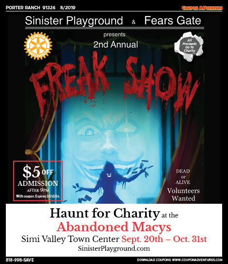 Sinister Playground Second Annual Freak Show, Porter Ranch, coupons, direct mail, discounts, marketing, Southern California
