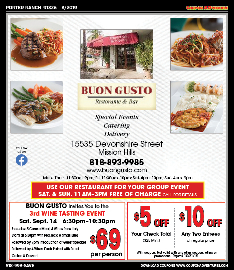 Buon Gusto Ristorante & Bar, Porter Ranch, coupons, direct mail, discounts, marketing, Southern California