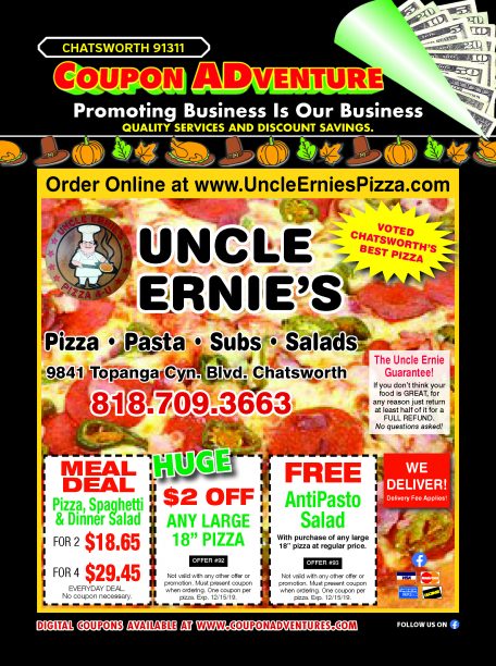 Uncle Ernie's Pizza, Chatsworth, coupons, direct mail, discounts, marketing, Southern California