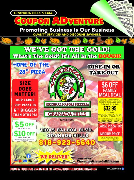 Vincenzo's Original Napoli Pizzeria, Granada Hills, coupons, direct mail, discounts, marketing, Southern California
