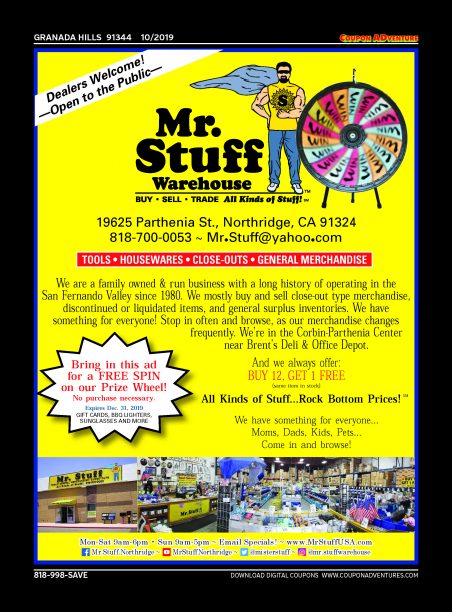 Mr. Stuff Warehouse, Granada Hills, coupons, direct mail, discounts, marketing, Southern California