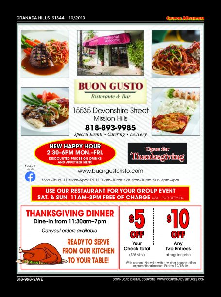 Buon Gusto Ristorante & Bar, Granada Hills, coupons, direct mail, discounts, marketing, Southern California