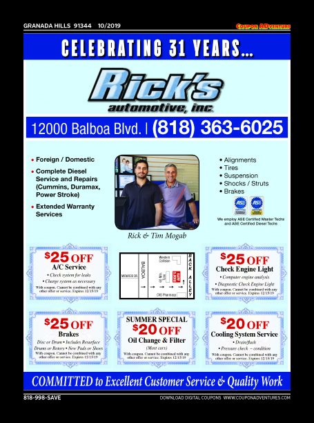 Rick's Automotive, Granada Hills, coupons, direct mail, discounts, marketing, Southern California