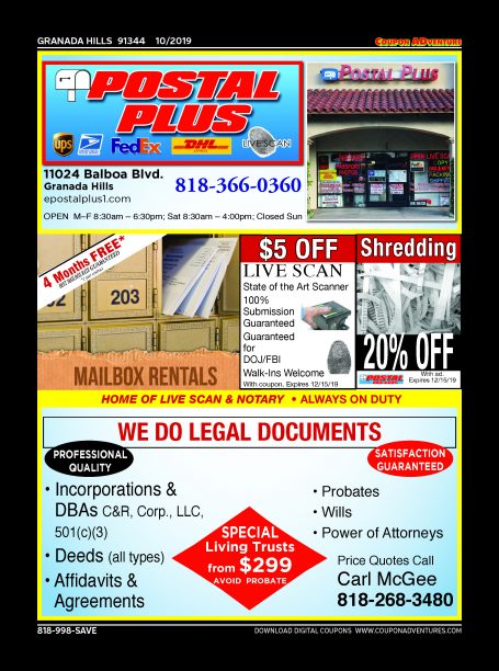 Postal Plus, Granada Hills, coupons, direct mail, discounts, marketing, Southern California