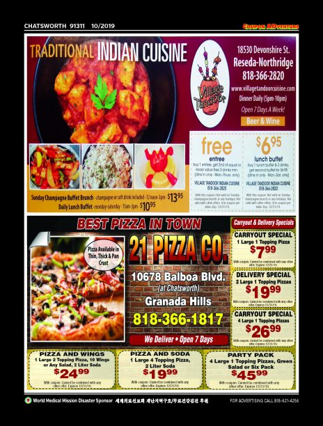 Traditiona Indian Cuisine, 21 Pizza Co., Chatsworth, coupons, direct mail, discounts, marketing, Southern California