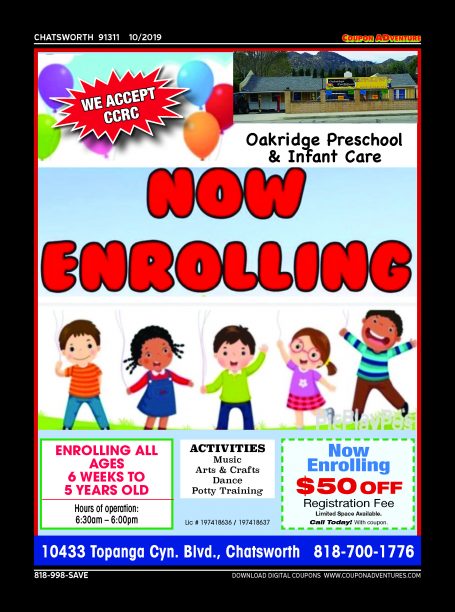 Oakridge Preschool & Infant Care, Chatsworth, coupons, direct mail, discounts, marketing, Southern California