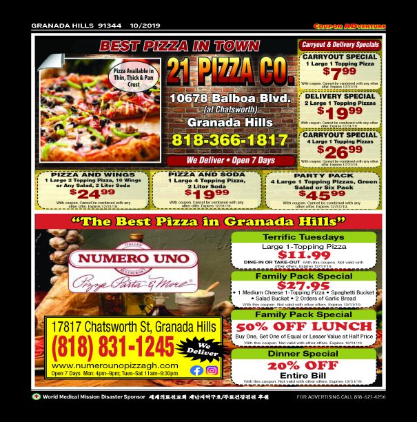 21 Pizza Co, Numero Uno, Granada Hills, coupons, direct mail, discounts, marketing, Southern California
