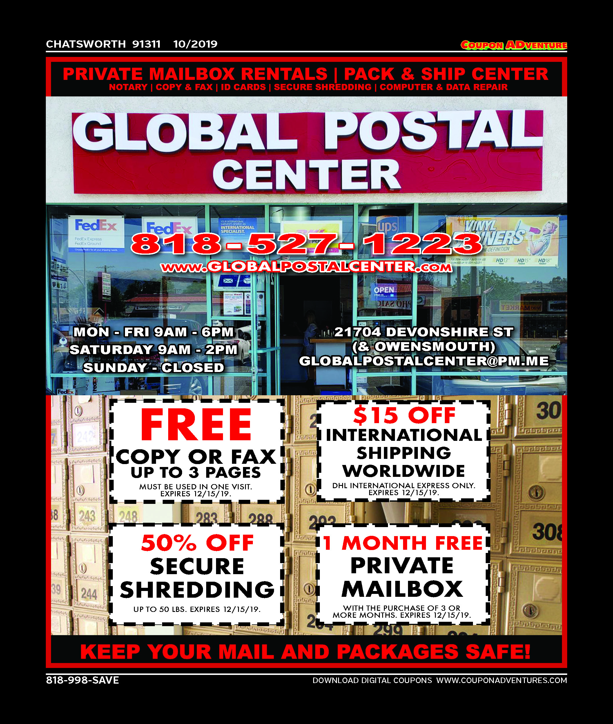 Global Postal Center, Chatsworth, coupons, direct mail, discounts, marketing, Southern California