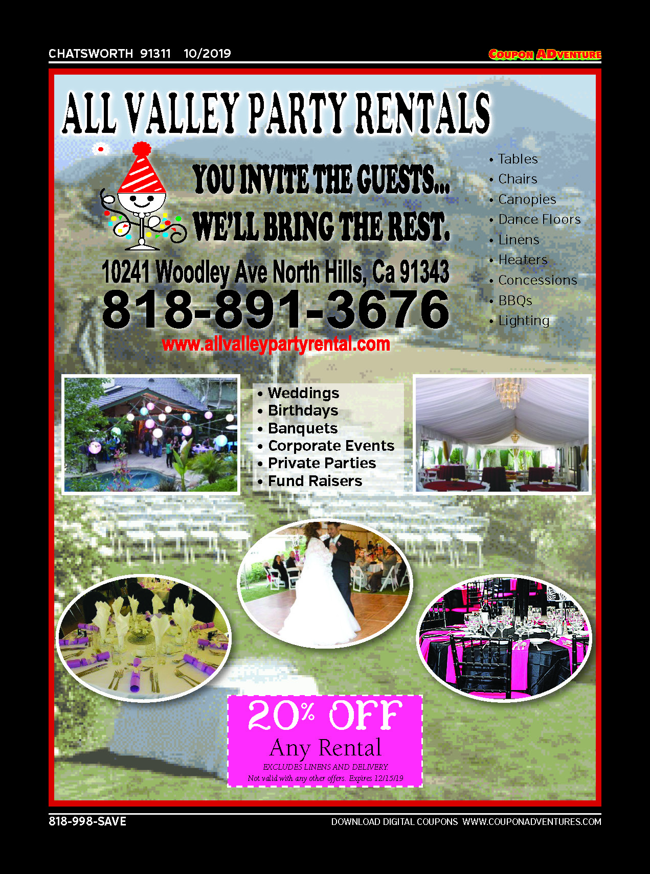 All Valley Party Rentals, Chatsworth, coupons, direct mail, discounts, marketing, Southern California