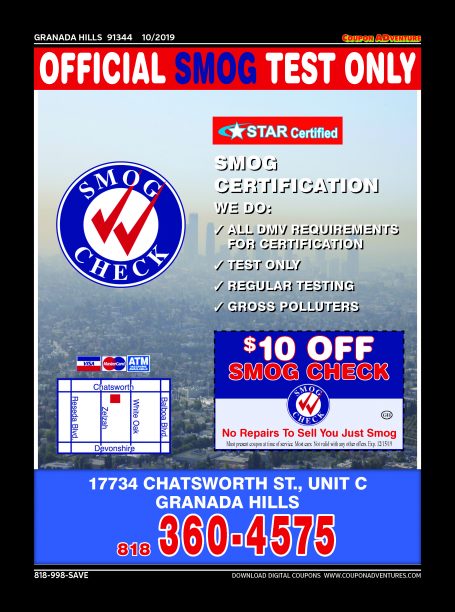 Official Smog Test Only, Granada Hills, coupons, direct mail, discounts, marketing, Southern California
