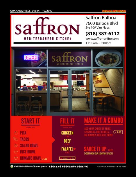 Saffon Mediterranean Kitchen, Granada Hills, coupons, direct mail, discounts, marketing, Southern California