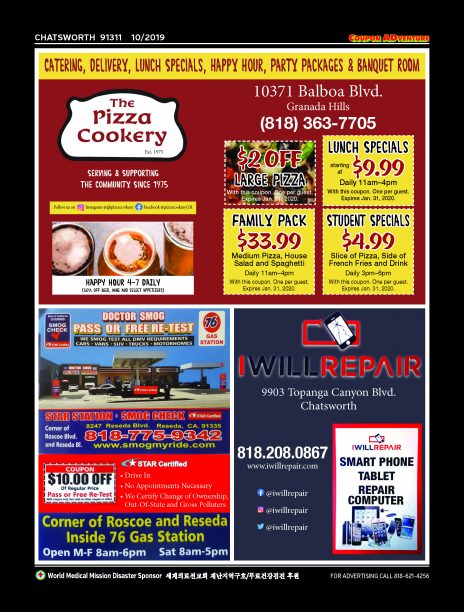 The Pizza Cookery, Doctor Smog, I Will Repair, Chatsworth, coupons, direct mail, discounts, marketing, Southern California