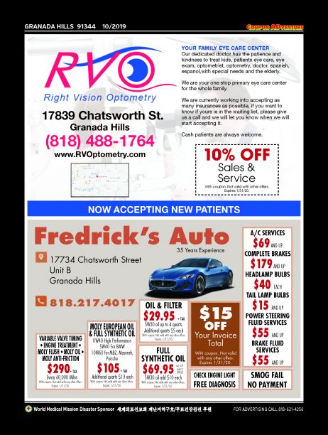 Right Vision Optometry, Fredrick's Auto, Granada Hills, coupons, direct mail, discounts, marketing, Southern California
