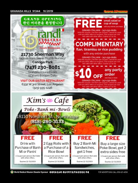 Grandi Italian, Kim's Cafe, Granada Hills, coupons, direct mail, discounts, marketing, Southern California