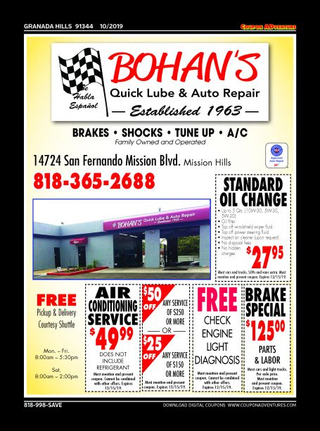 Bohan's Quick Lube & Auto Repair, Granada Hills, coupons, direct mail, discounts, marketing, Southern California