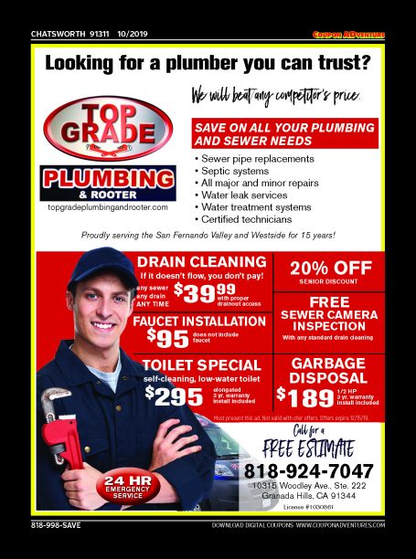 Top Grade Plumbing, Chatsworth, coupons, direct mail, discounts, marketing, Southern California