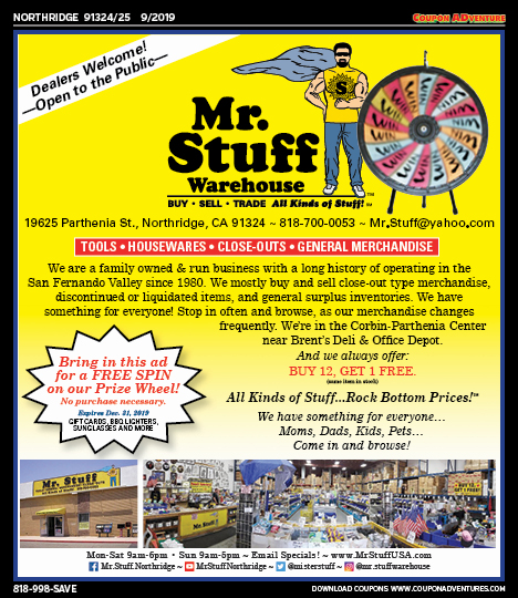 Mr.Stuff Warehouse, Northridge, coupons, direct mail, discounts, marketing, Southern California