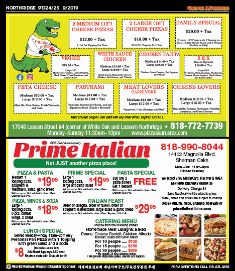 Pizzasaurusrex, Prime Italian, Northridge, coupons, direct mail, discounts, marketing, Southern California