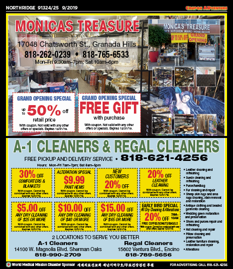 Monicas Treasure, A-1 Cleaners, Regal Cleaners, Northridge, coupons, direct mail, discounts, marketing, Southern California